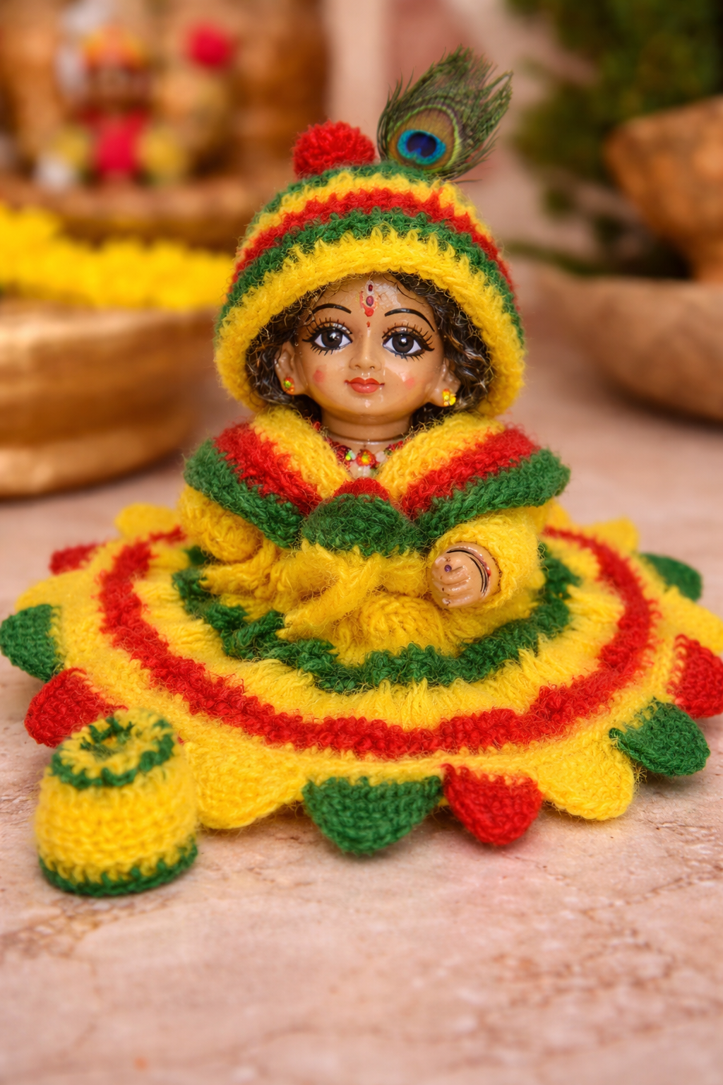 Laddu Gopal woolen dress size 4-5 in yellow green red handmade poshak
